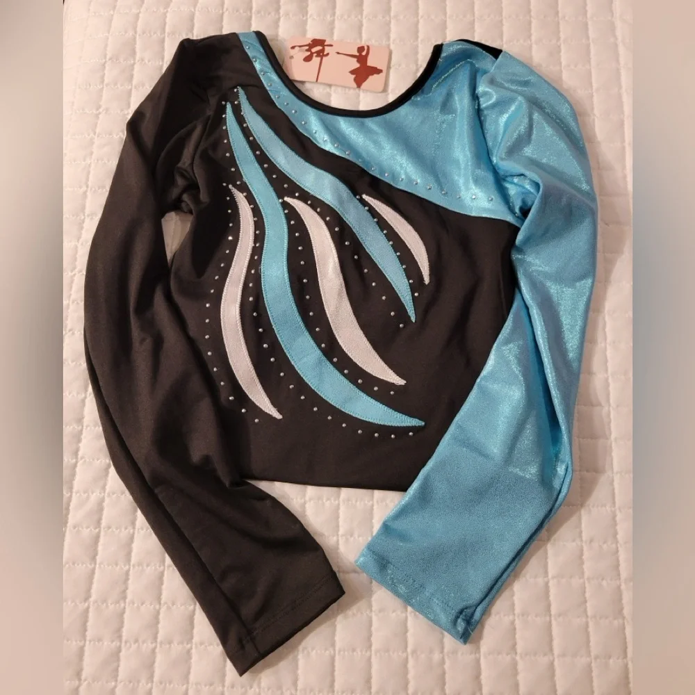 Girls Long Sleeve White Blue‎ Waves Dance Gymnastics Black Leotard Sparkle Shine